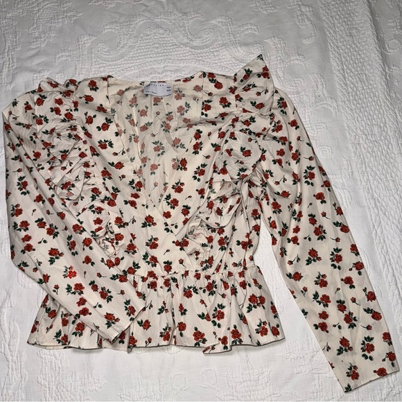 ASOS Design Top Rose Print V Neck Ruffle Long Sleeve White Sz 6 Made in Ukraine - Picture 1 of 12